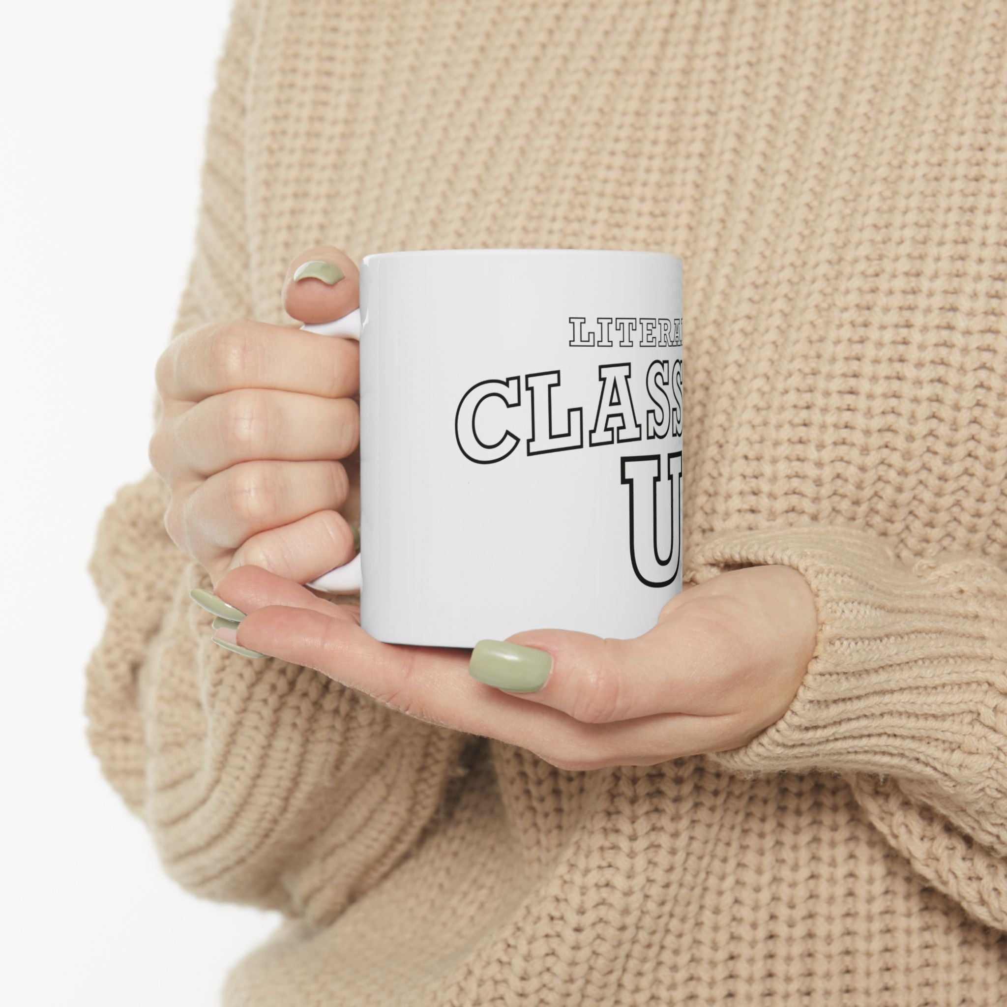 Literary Classic U - Ceramic Mug - Example of Size in Hand - Bookish Nostalgia 